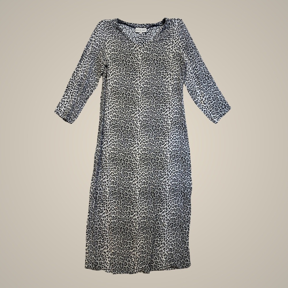 David Dart Leopard Print Dress Womens XL Gray V-Neck 3/4 Sleeve Midi Slit VTG